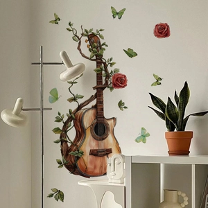 Artistic acoustic guitar wall sticker with green vines and roses for home decoration
