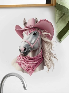 Dettaglio adesivo da parete cavallo con cappello da cowboy rosa su piastrelle bianche