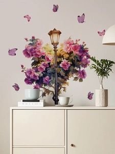 Detailed view of elegant purple flower wall stickers with vintage street lamp and butterflies