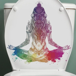 Rainbow mandala meditation silhouette waterproof PVC sticker on white toilet lid surface