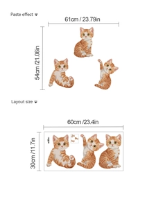 Detail von drei süßen orangefarbenen Katzen-Wandstickern mit Layout- und Klebeeffekt-Anzeige