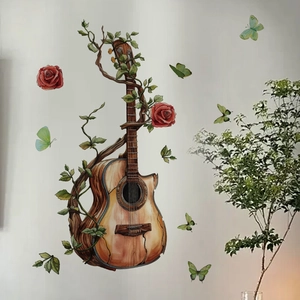 Watercolor guitar wall decal with vines and red roses on a minimalist grey background