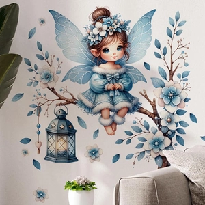 Wandtattoo kleine blaue Fee auf Blumenast mit Laterne für Wohnzimmer Wanddekoration