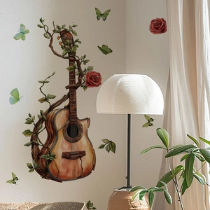 Artistic PVC wall decal featuring a vintage guitar with red roses and butterflies on a wall