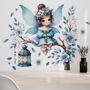 Wandsticker Set Blaue Fee mit Blumen und Laterne für Kinderzimmer Dekoration