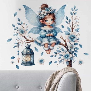 Wandsticker blaue Fee auf Zweig mit Vintage-Laterne für Wohn- und Schlafzimmer Deko