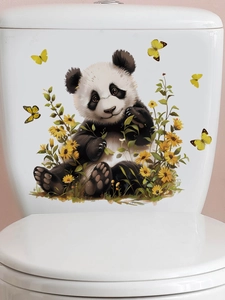 Cute panda wall sticker with yellow flowers and butterflies on a white toilet tank