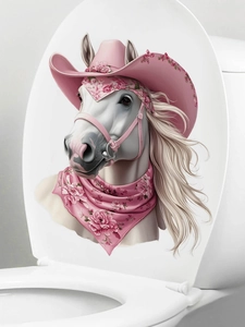 Dettaglio dell'adesivo con cavallo bianco e cappello rosa floreale per il water