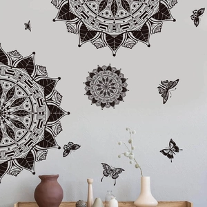 Black mandala flower and butterfly wall decal for bohemian style living room decor
