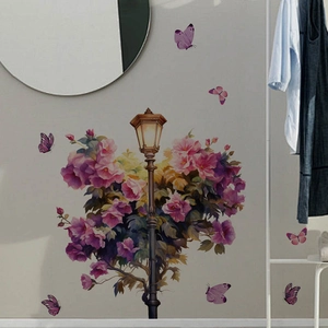 Purple Flower Butterfly Street Lamp Wall Sticker PVC Self Adhesive Mural Romantic Floral Background For Living Room Bedroom Home Decor