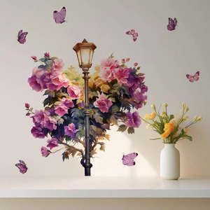 Romantic purple flower butterfly wall stickers with vintage street lamp for home decor