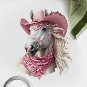 Adesivo da Parete Cavallo Bianco con Cappello da Cowboy Rosa Impermeabile Rimovibile PVC Decalcomania per Soggiorno Casa