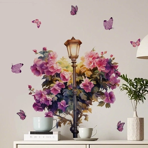 Romantic purple flower and butterfly street lamp wall sticker for home decor