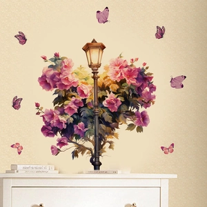 Romantic wall sticker with purple flowers, butterflies and vintage street lamp