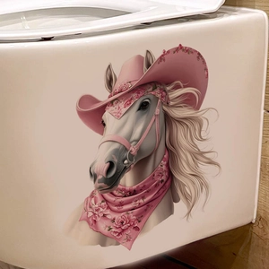 Adesivo murale con cavallo bianco, cappello da cowgirl rosa e sciarpa floreale decor