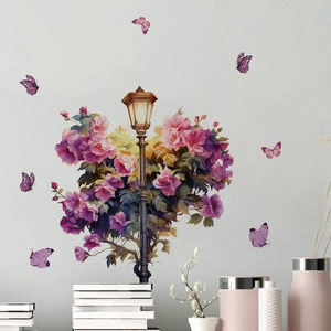 PVC wall decal featuring purple flowers, butterflies, and a vintage lamppost design
