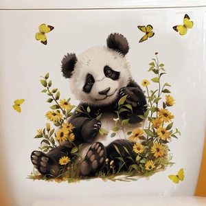 Cute panda wall sticker with yellow daisies and butterflies for home decoration