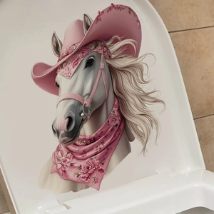 Adesivo murale con cavallo bianco, cappello da cowboy rosa e decorazioni rose