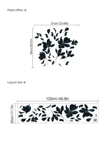 Guide des tailles détaillé pour stickers muraux fleurs noires avec dimensions d'effet