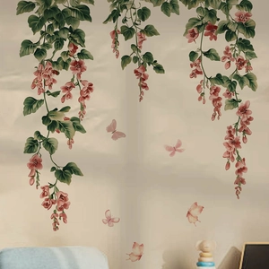 Pink flowers and butterflies wall decal for bedroom with 3D effect floral stickers