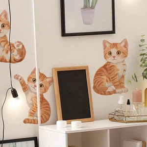 Drei süße orangefarbene Cartoon-Katzen-Wandaufkleber für Schlafzimmer und Wohnzimmer Deko