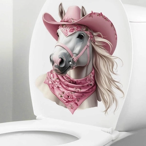 Adesivo murale in PVC con cavallo bianco che indossa cappello e foulard rosa