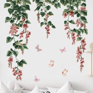 Pink hanging flowers and butterfly wall stickers for bedroom and living room decor