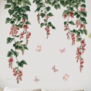Watercolour pink flowers and butterflies wall stickers for bedroom background decoration