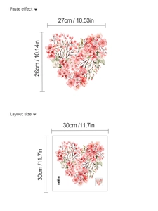 Detail view of pink floral heart wall sticker with layout and paste effect dimensions
