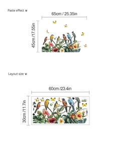 Floral wall decal set with birds and butterflies showing layout and paste dimensions