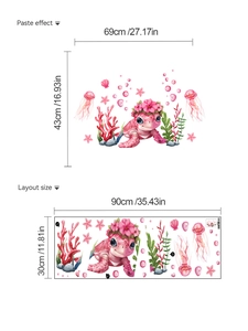 Pink sea turtle wall decals with jellyfish and layout dimensions for girls' room