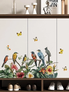 Macro detail of tropical birds and flowers self-adhesive wall decals on white cabinet doors
