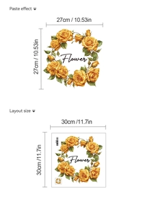 Detail of yellow rose wreath wall sticker showing layout size and 27x27cm paste effect