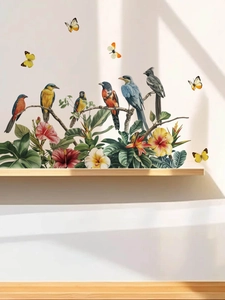 Detail of tropical bird wall stickers with colorful hibiscus flowers and butterflies
