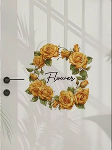 Detail of yellow rose wreath wall sticker with Flower text on a white wooden door