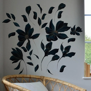Sticker Mural Moderne Fleur Bleu Foncé Contour Doré PVC Amovible Auto-Adhésif Décoration Florale Pour Chambre Salon Maison
