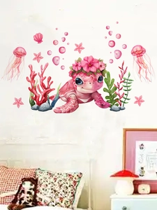 Detail showing cute pink cartoon turtle and jellyfish wall decals on a white bedroom wall