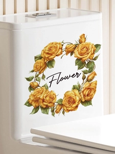Macro shot of yellow rose flower wreath wall sticker with artistic Flower text on ceramic