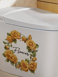 Detailed yellow rose floral wall sticker with Flower text applied to a toilet side