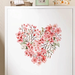 Pink heart-shaped watercolor cherry blossom wall sticker for home bedroom decor