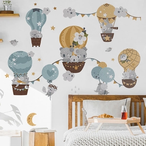 Cartoon Animal Hot Air Balloon Wall Stickers For Kids Room Nursery Decor Removable PVC Self Adhesive Stars Moon Decals