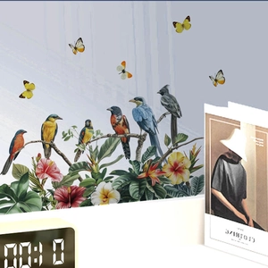 Self-adhesive floral wall sticker with realistic birds butterflies and colorful flowers
