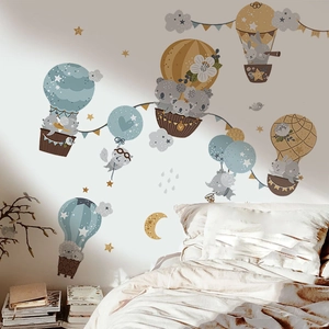 Cute hot air balloon animals wall sticker in Morandi colors for nursery decoration