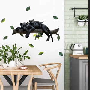 Realistic Black Panther Animal Wall Sticker PVC Self Adhesive Removable Home Decor For Bedroom Living Room Decals With Green Leaves