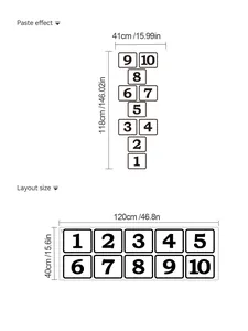 Size guide for black and white PVC numeric wall decals with layout and paste dimensions