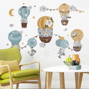 Cute cartoon animal wall stickers with koala and rabbit in hot air balloons for kids room