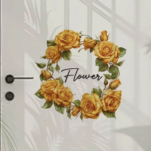 Yellow rose wreath wall decal with Flower text for home door and wall decoration