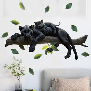Self-adhesive black panther wall sticker with green leaves on wood branch for home decor