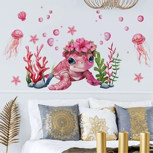 Pink cartoon sea turtle wall stickers set with jellyfish and coral for kids bedroom decor