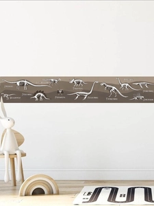 Detail of dinosaur fossil wall border sticker featuring white skeleton designs on brown background